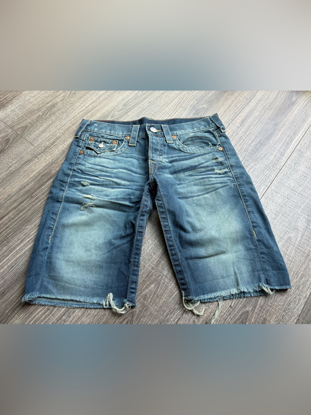 True Religion Faded Blue Distressed Denim Bermuda Shorts